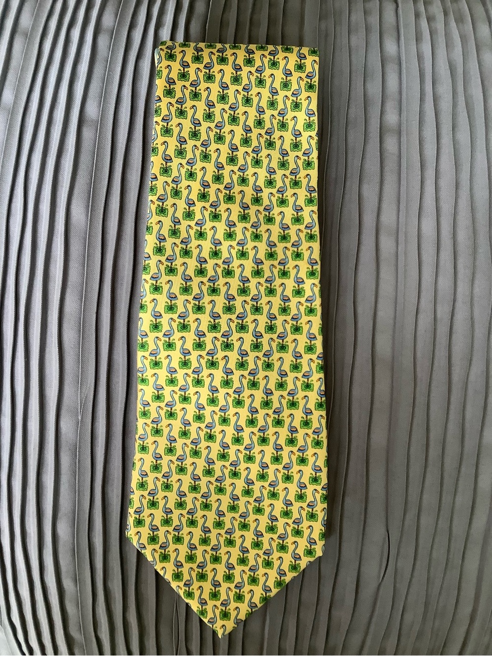 Salvatore Ferragamo Yellow Tie with Green and Blue Flamingo Motif